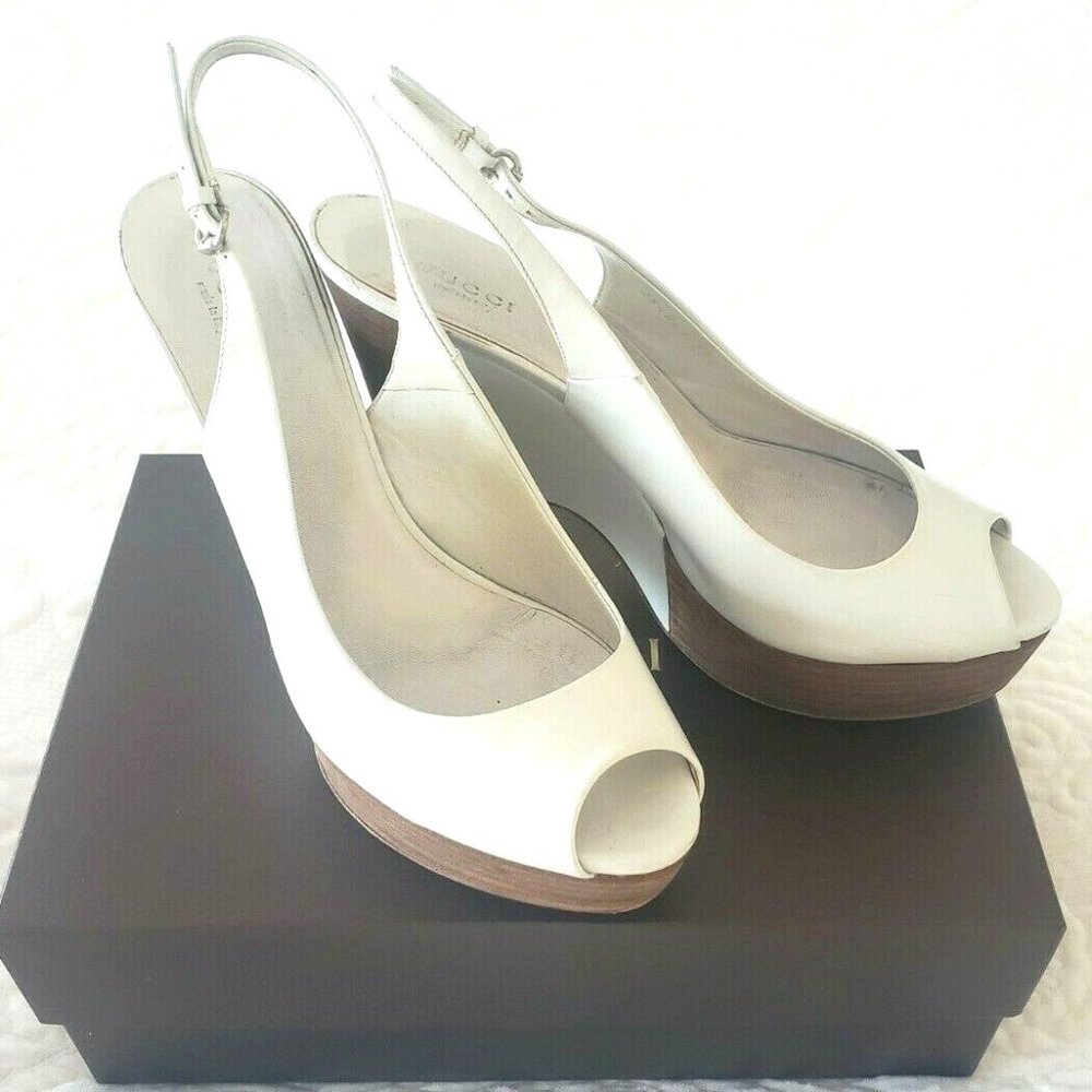 !SOLD! High End Brand GUCCI Wedges Wooden Platform Open Toe Slingbacks ITALY 8.5 - Picture 1 of 8